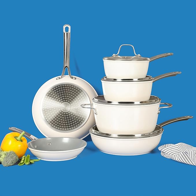 Sur La Table Kitchen Essentials 10 Piece PFA Free Non-Toxic Titanium Ceramic Nonstick Interior Forged Aluminum Cookware Pots and Pans Set - Linen White - Induction Compatible