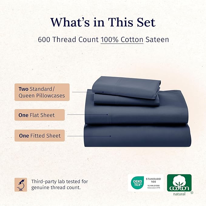 CALIFORNIA DESIGN DEN 5-Star Hotel 600 Thread Count 100% Cotton, Soft & Smooth Queen Sheet for Bed with Deep Pockets, Quality Beats Egyptian Cotton Claims (Royal Navy Blue)