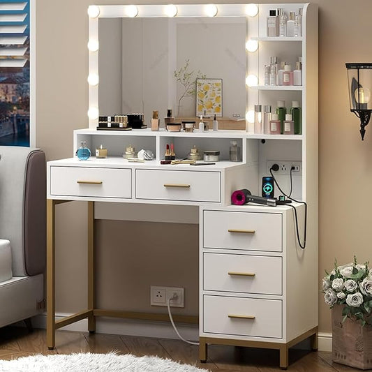 Loomie Vanity Desk with Lighted Mirror & Power Outlet, Makeup Table with 5 Drawers, Two Cubby & Shelf, Vanity Dresser with 11 Lights in 3 Lighting Colors for Bathroom, Bedroom,Makeup Room,White