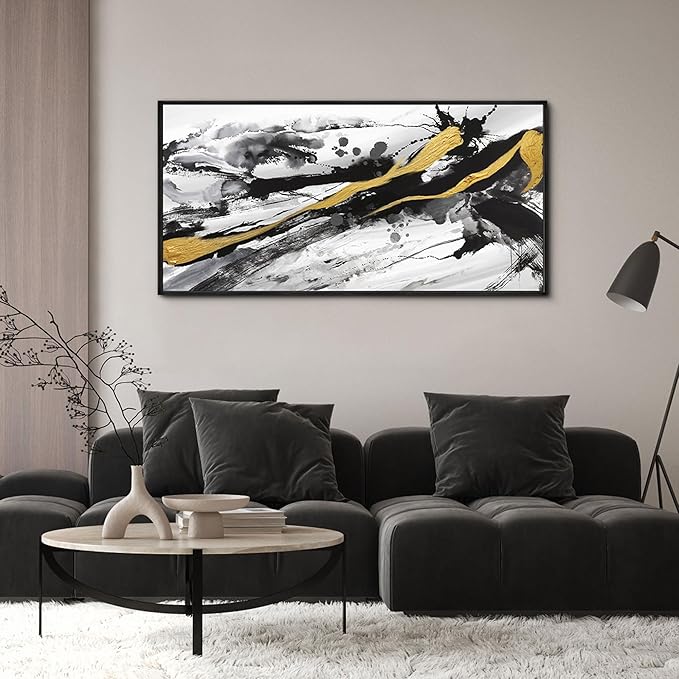XLSJERST Black and White Abstract Wall Art - Large Frame Canvas Wall Art for Living Room Bedroom Modern Gold Ink Painting Style Picture Artwork for Wall Decor Size 29x58 Inches