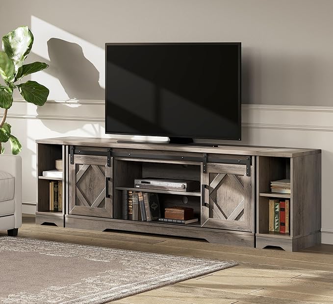 WAMPAT Modern Farmhouse 3 in 1 TV Stand for up to 85" TVs Wood Entertainment Center with Sliding Barn Door and Adjustable Media Storage Shelf for Living Room,Washed Grey