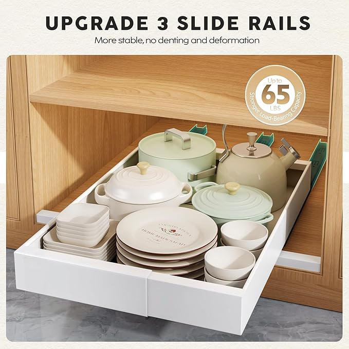 2 Pack Pull Out Cabinet Organizers 21" Deep With Raising Pad for Framed Cabinets, Expandable Width (9"-14") Slide Out Drawers Upgrade 3 Slide Rails, Roll Out Shelves Adhesive, White