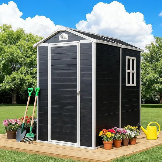 6x4 FT Outdoor Storage Resin Shed with Floor, Waterproof Plastic Garden Tool Shed with Windows, Vents & Lockable Door and Sloped Roof, Easy to Assemble Bike Shed for Patio, Backyard, Lawn, Black