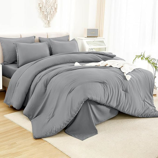 Litanika Queen Comforter Set Medium Gray - 7 Pieces Bed in a Bag Queen Bedding Comforter Sets, Solid Lightweight Bed Set with Comforter, Sheets, Pillowcases & Shams