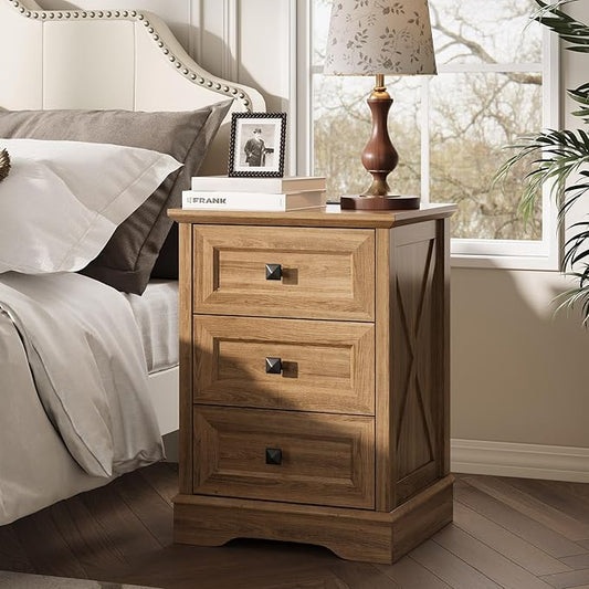 Farmhouse 3 Drawers Dresser for Bedroom, Rustic Small Chest of Drawers with Charging Station, Wood Closet Organizers, Modern Tall Nightstand/End Table for Bedroom, Living Room, Entryway, Natural Oak