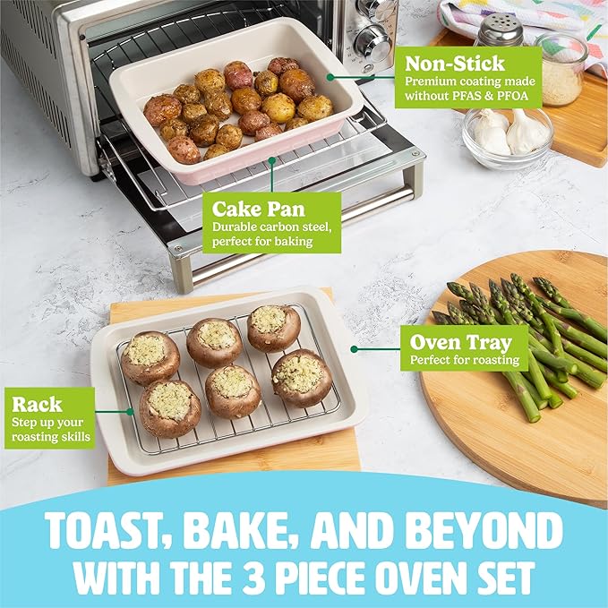 Tasty Nonstick Toaster Oven Baking Set Includes Cake Pan, Oven Tray, Rack, Carbon Steel Bakeware, 3-Piece Set, Pink