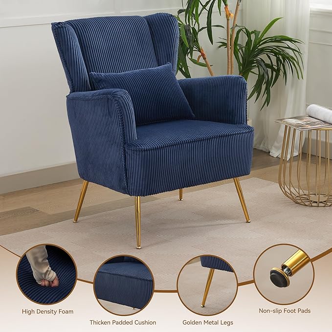 Corduroy Accent Living Room Arm Chair with Pillow & Golden Legs, 8.5" Thick Cushion, Mid Century Modern Wingback Chairs Upholstered Comfy Sofa Armchair for Reading Room/Bedroom, Blue
