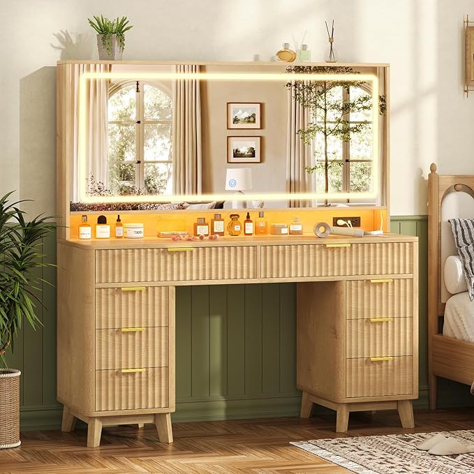 Fluted Vanity Desk with 46" Large Mirror and Lights, Big Vanity Table with Charging Station & RGB Lights, Makeup Vanity Mirror with Light Desk and 8 Drawers, Bedroom Vanity Dressing Table for Women