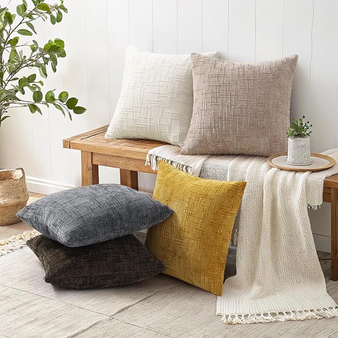 decorUhome Fall Oatmeal Chenille Throw Pillow Covers 18x18 Set of 2 Thick Textured Slubby Couch Pillow Covers Farmhouse Accent Modern Neutral Decorative Pillow Cases for Bed Sofa Living Room