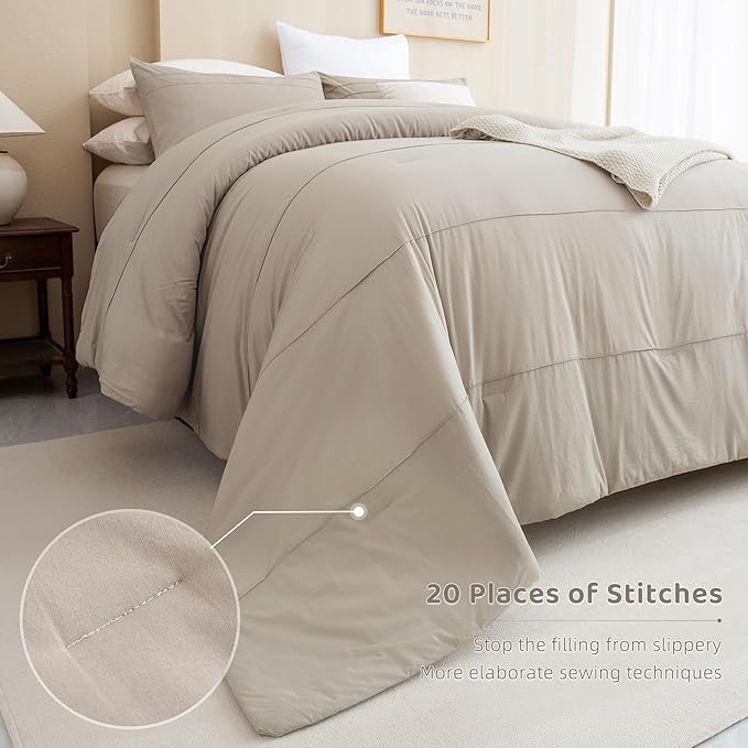 Sanracie Oversized King Plus Comforter 128 * 120, Cotton Linen Feel Textured Comforter Set,Pinch Pleated Pattern Neutral Oversized King Bedding Set 3pcs Aesthetic Solid Comforter Lightweight