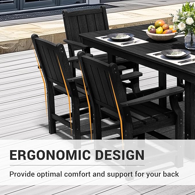 5-Piece HDPE Outdoor Dining Set, Wood-Like Design Outdoor Table and Chairs with Elegant Armrest, All-Weather Patio Table and Chairs Set with Umbrella Hole for Porch, Poolside, Black