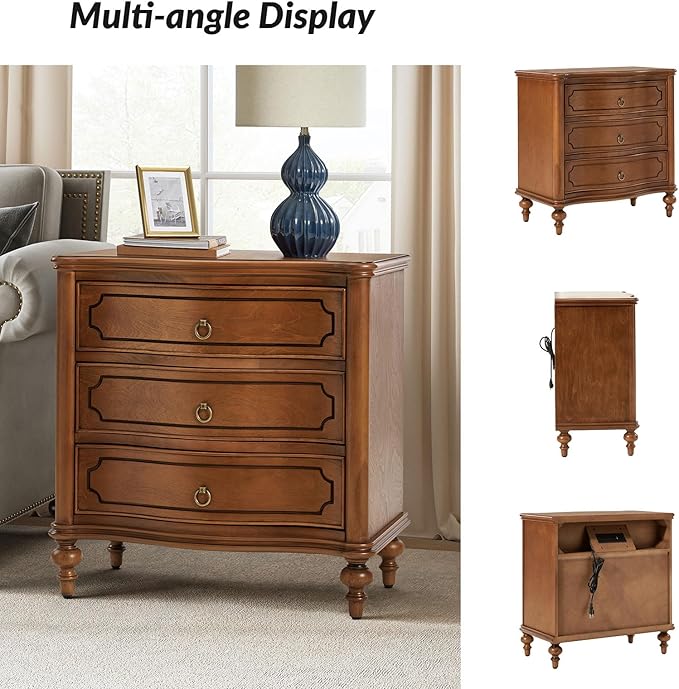 HULALA HOME Traditional Side Tables with 3 Drawers, Tall Side Table with Curved Front Profle Desgin, Charging Station, Solid Wood Legs, Set of 2, Walnut