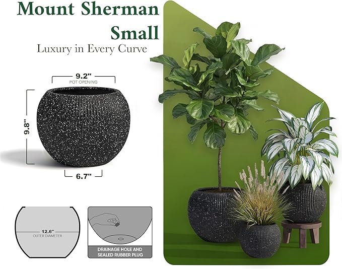 DTY Signature Mount Sherman Modern Indoor Outdoor Fiberstone Sphere Planter, Durable Round Garden Pot, Weather Resistant, Drainage Hole & Rubber Plug,Planter for Christmas Tree (Ribbed Black, Small)
