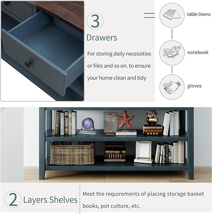 Knocbel Entryway Console Table with 3 Drawers and Open Shelves, Entry Hallway Foyer Sofa Long Table, 220lbs Weight Capacity, 50" L x 16" W x 30" H (Navy)