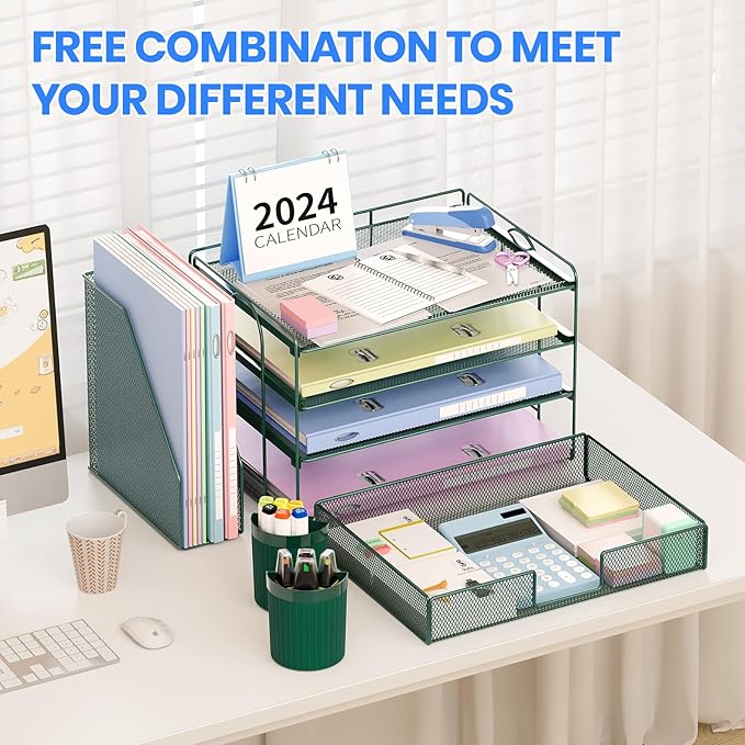 Desk Organizer and Accessories, 4-Tier Desktop File Organizer with Drawer and 2 Pen Holders, Office Desk Accessories for Office Supplies(Dark Green)