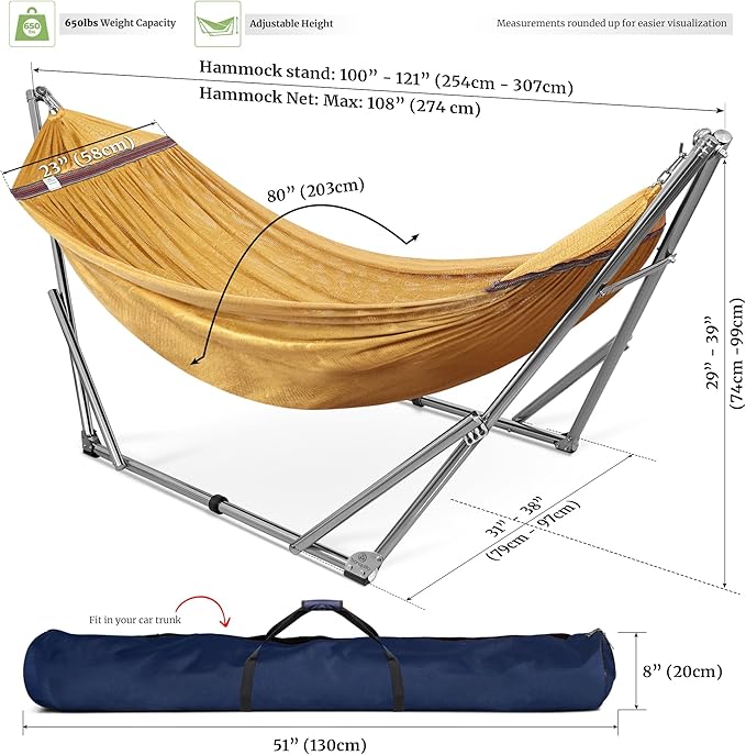 Tranquillo Double Hammock with Stand 650lb Capacity Double Hammock with Spreader Bar, Solid Grade 201 Stainless Steel 30s Set Up, Sturdy Flexible Hammock Stand Portable, Outdoor Indoor, Yellow