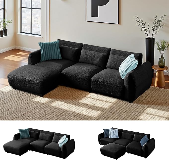 Sectional Sofa Couch, Modern Convertible U Shaped Sectional Couch with Ottoman, Modular Sectional Sofa Cloud Couches for Living Room (Black, 3 Set + 1 Ottoman)