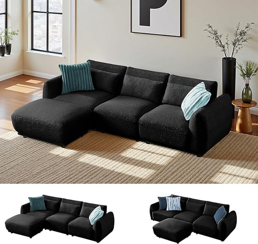 Sectional Sofa Couch, Modern Convertible U Shaped Sectional Couch with Ottoman, Modular Sectional Sofa Cloud Couches for Living Room (Black, 3 Set + 1 Ottoman)