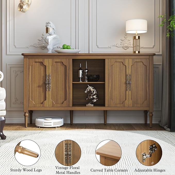 Vintage Buffet Sideboard Cabinet with 4 Doors, 59" Mid Century Modern Storage Cabinet with Shelf, Decorative Accent Credenza TV Stand (Brown)