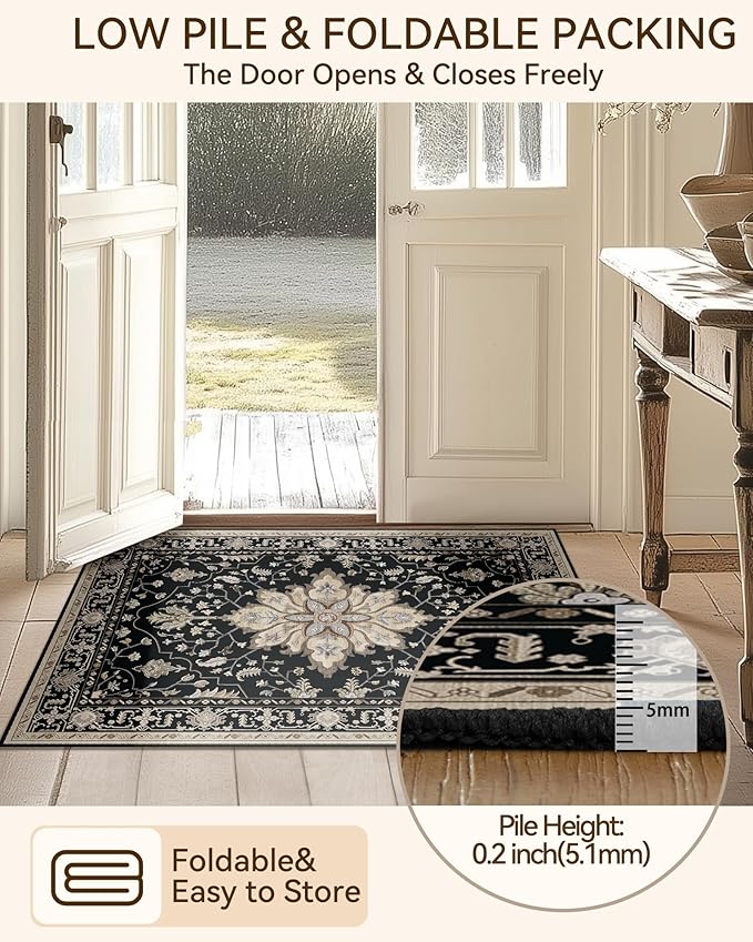 Area Rugs 5ft Washable Non-Slip, Floral Vintage Distress Print Pattern Medallion Carpet for Living Room Bedroom Dining Room, Black Brown Neutral Dark Tan