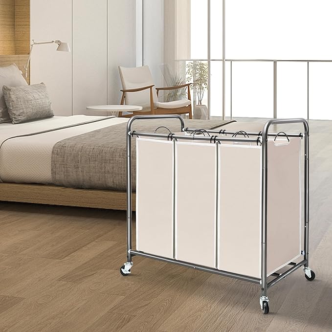 STORAGE MANIAC 3 Section Laundry Sorter, 35.9 Gal (136 L) Laundry Hamper Cart with Heavy Duty Rolling Lockable Wheels and Removable Bags, Clothes Organizer Basket Clothes Separator Hamper, Beige