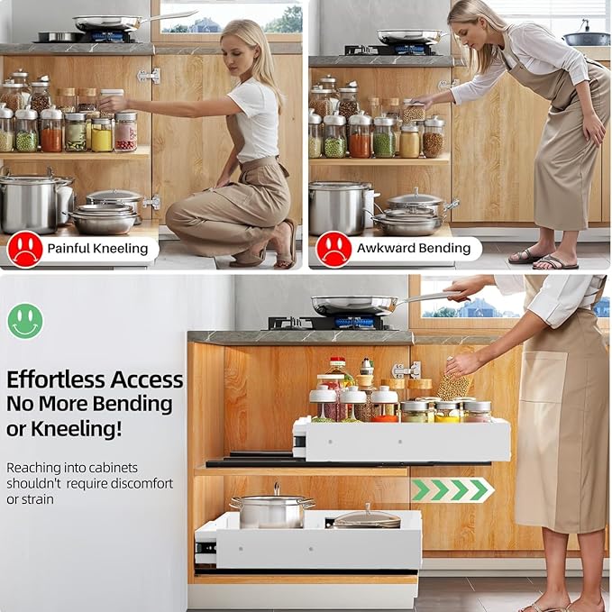 Expandable Pull Out Cabinet Organizer, Adjustable Width 12"-19" & Depth 16.5"-22", 4-Side Extension, 5 Slide Rails for Heavy Duty Use, Adhesive Roll Out Shelves for Kitchen Cabinets, White 1PCS