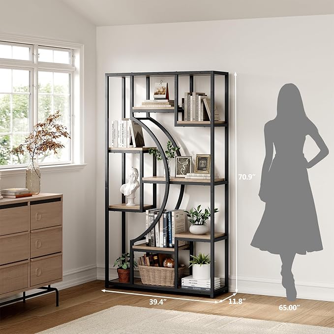 LGHM Industrial 5-Tier Bookshelf with Storage, 70.9 Inch Tall Large Display Bookcase - Modern Metal Standing Shelves for Living Room, Office and Bedroom, Set of 2, Greige