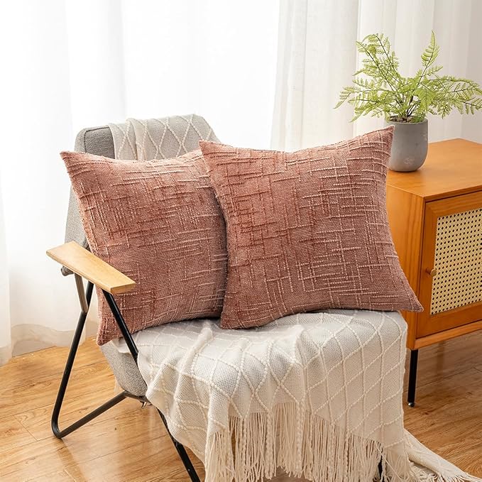 Decorative Throw Pillow Covers 16x16 Inch Set of 2, Soft Solid Farmhouse Chenille Couch Pillows, Spring Pillow Covers for Couch Sofa Bed Living Room Home Decor Pillowcase, Coral