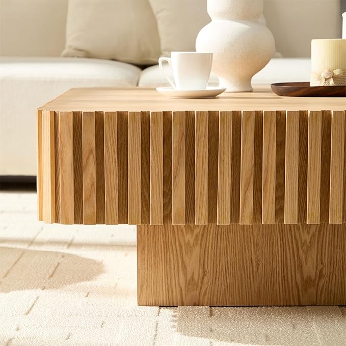 Square Coffee Table for Living Room, Accent Fluted Coffee Table with Storage, Modern Solid Wood Veneered Large Center Tea Table for Small Space Apartment (35.4''D×16''H-Natural)