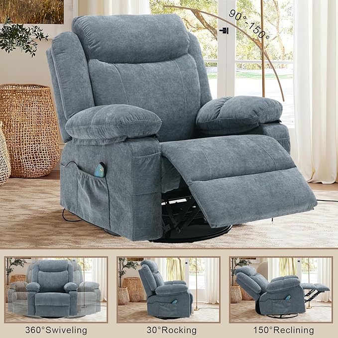 Overstuffed Rocker Recliner Chair, Fabric Massage Recliner Chairs with Heat for Adults, Oversized Reclining Swivel Sofa Manual Home Theater Rocking Recliner Lounge Chairs(Blue)