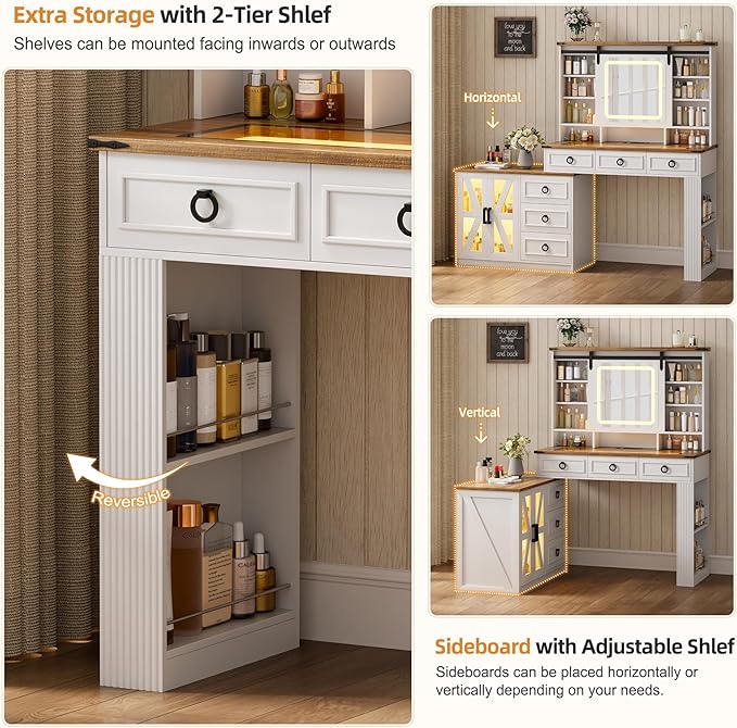 HNEBC Farmhouse Makeup Vanity Desk with Sliding Mirror and Lights,40" W Glass Tabletop Vanity Table with Charger,LED Vanity Set with Jewelry Armoire,6 Drawers,10 Shelves,Adjustable Cabinet