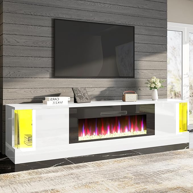 AMERLIFE High Gloss Fireplace TV Stand with 40" Fireplace, 80" LED Lights Entertainment Center with Flip Doors & Corner Glass Decor, Modern TV Console Table for TVs up to 90", Living Room, White