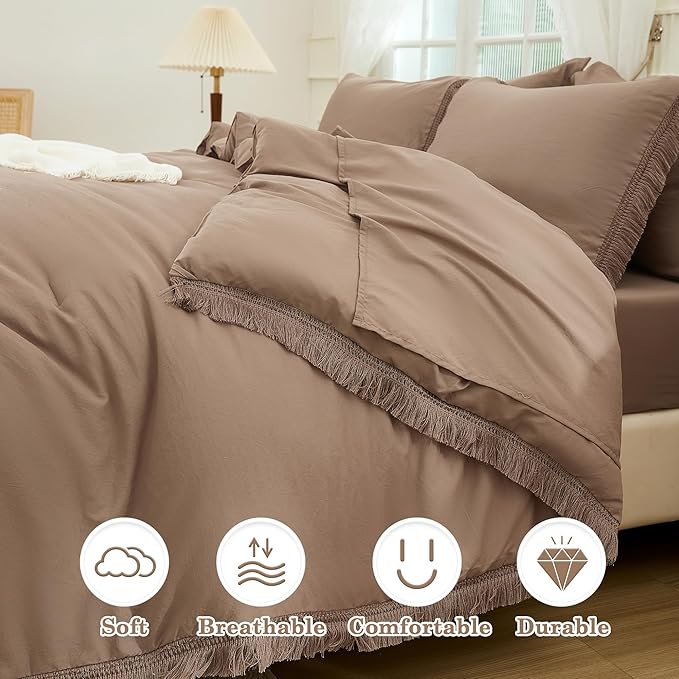 Andency Taupe California King Size Comforter Set with Sheets - 7 Pieces Boho Tassel Bed in a Bag Soft Lightweight Bedding Sets, Taupe Fringe Bed Set with Comforter, Sheets, Pillowcases & Shams