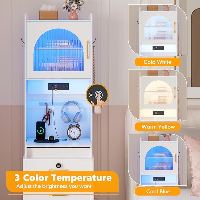 KAMABOKO Vanity Desk with Mirror and Lights, Large Makeup Vanity Table Set with Drawers & Cabinets & Power Outlet, 3 LED Lights Modes Adjustable (029 White)