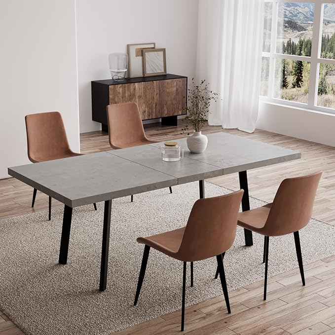 47.2"- 62.9" Extendable Dining Table with 4 Brown Dining Chairs, Modern Kitchen Table Set for 4, Thickened Expandable MDF Wooden Table with Metal Legs for Dining Room, Kitchen, Home