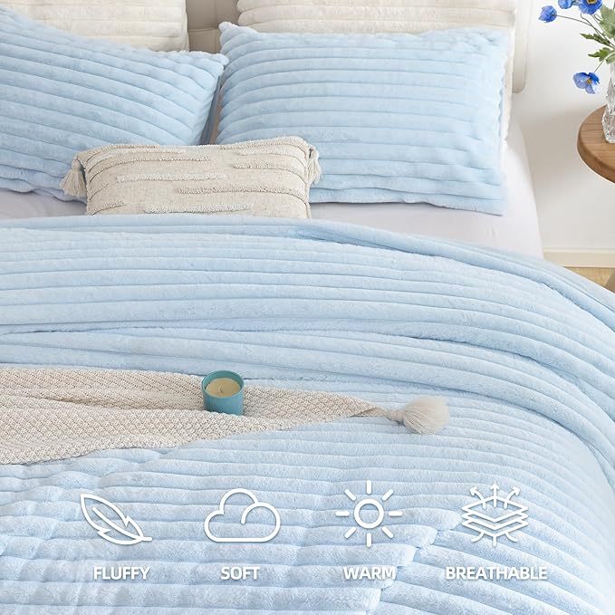 Smoofy Fluffy Full Size Comforter Sets 3 Pieces - Light Blue Fleece Fluffy Comforter Set, Luxury Fuzzy Full Bed Set, Soft Comforter Full Size All Season, Heavy Faux Fur Comforter with 2 Pillow Cases