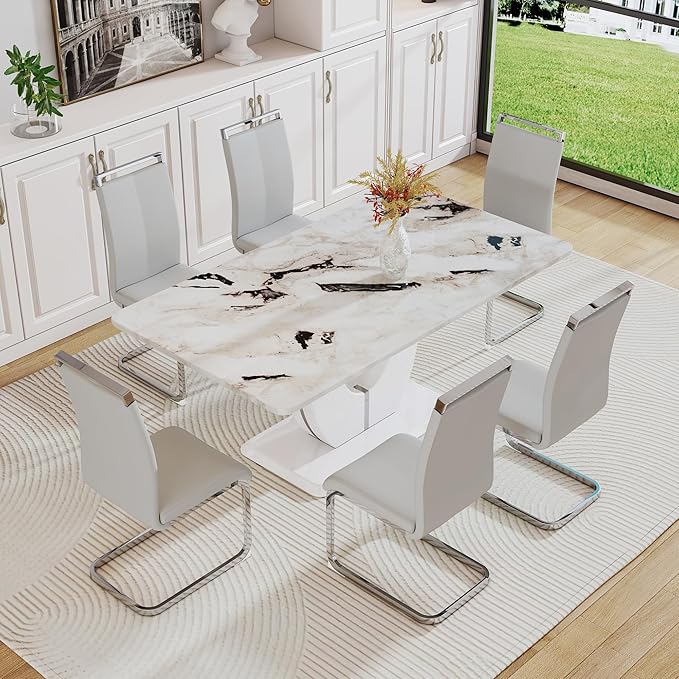 Dining Table Set for 6, Kitchen Table Chairs Set of 6, Modern Dining Room Set with 63 inch Marble Dinner Table PU Leather Upholstered Chairs for Dining Room Kitchen