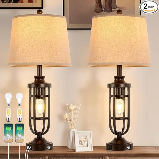 28.8" Farmhouse Table Lamps for Living Room Set of 2, 3-Way Dimmable Touch Lamps with USB Ports, Rustic Nightstand Lamps for Bedroom End Tables, Bulbs Included