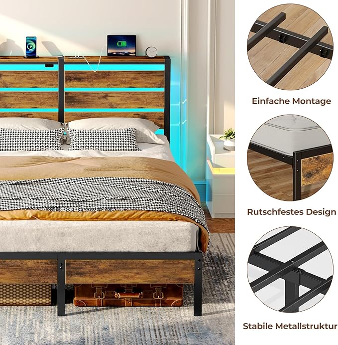 Rolanstar Bed Frame King Size with USB Charging Station, LED Bed Frame with Wood Storage Headboard, Rustic Brown Metal Platform Bed with Under Bed Storage, No Box Spring Needed, Noise Free