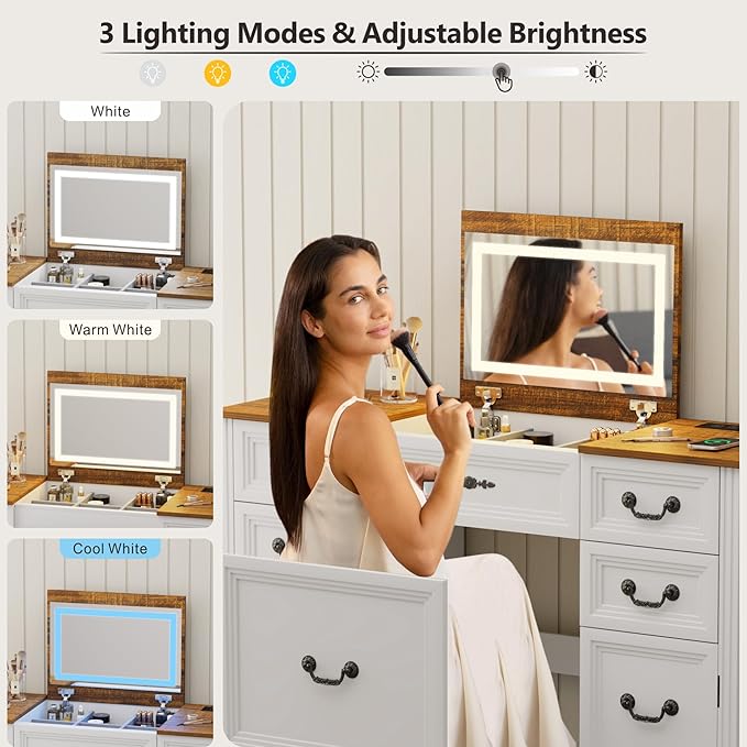 Farmhouse Vanity Desk with Flip up Vanity Mirror and Lights,Rustic Makeup Vanity with Charging Station and Hidden Drawer,Vanity Table Set with Drawers/6-Compartment/Cabinets,White