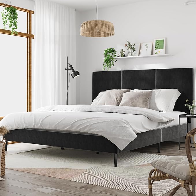 King Bed Frame with Headboard, Vertical Channel Tufted Heavy Duty King Size Bed Frame, No Box Spring Needed, Easy Assembly, Platform Bed Frame with Headboard, Black