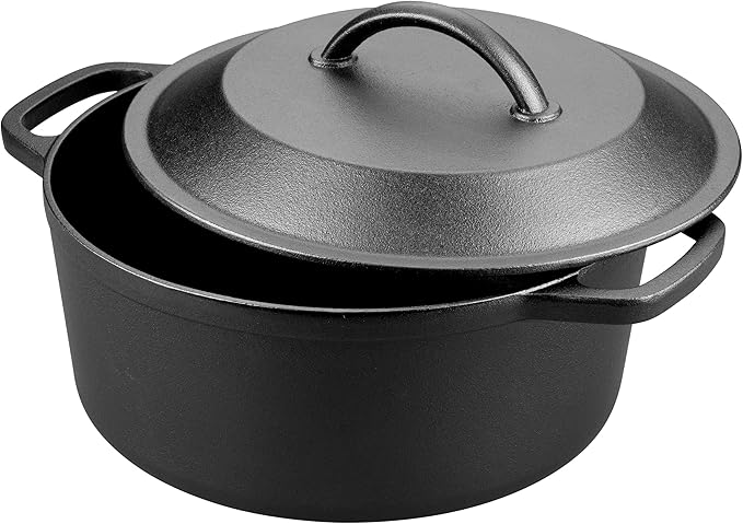 Pre-Seasoned Cast Iron Dutch Oven with Lid, Round and Dual Handles, for Stovetop, Camping, Grill, Induction, Electric, Black, 6qt