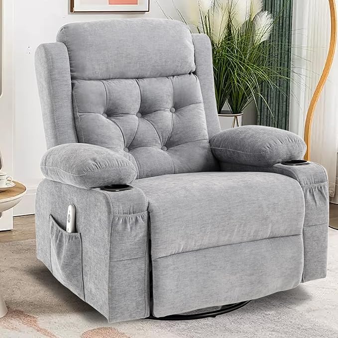 Overstuffed Rocker Recliner Chair with Massage and Heat, Mid Century Ergonomic Rocking Swivel Recliners Lounge Chair for Living Room, Manual Recliner Sofa Chairs with 2 Cup Holders, USB