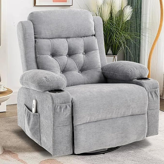 Overstuffed Rocker Recliner Chair with Massage and Heat, Mid Century Ergonomic Rocking Swivel Recliners Lounge Chair for Living Room, Manual Recliner Sofa Chairs with 2 Cup Holders, USB