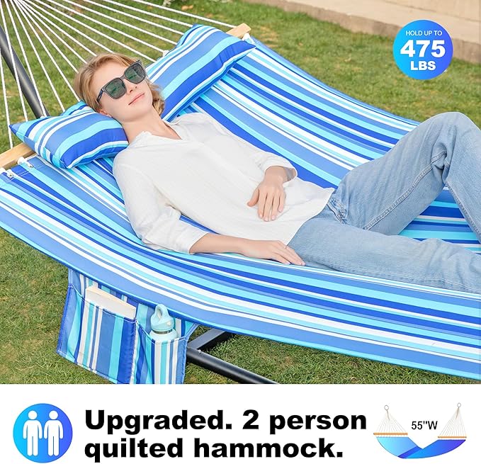 Double Quilted Fabric Tree Hammock with Spreader Bar, 14ft Hammocks 2 Person for Outside, Fits 12ft -14ft Hammock Stand, Large Pillow, Side Pocket & Carabiner, Max 475 lbs Capacity (Ocean Blue)