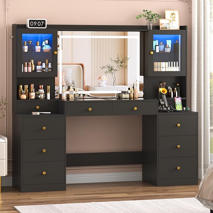 Large Vanity Desk w/60000-color LED Lights,Tempered Glass Top,Outlet,62inch Black Makeup Vanity Table w/ 3 Lights Mode Mirror & Lights,9 Drawers,2 RGB Cabinet,LED Dressing Table for Women
