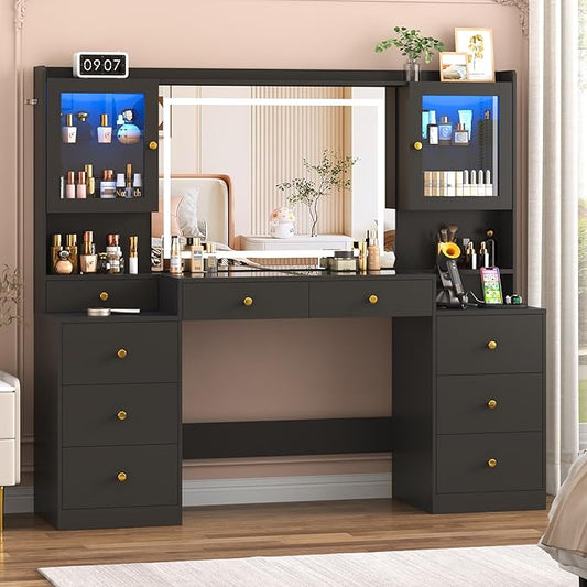 Large Vanity Desk w/60000-color LED Lights,Tempered Glass Top,Outlet,62inch Black Makeup Vanity Table w/ 3 Lights Mode Mirror & Lights,9 Drawers,2 RGB Cabinet,LED Dressing Table for Women