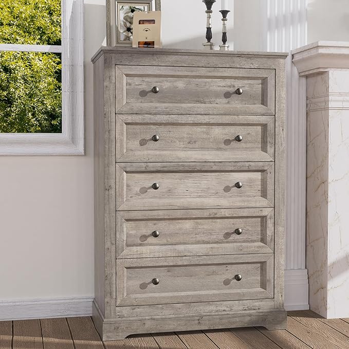 KIGOTY Dresser for Bedroom with 5 Drawers, Tall Wood Chest of Drawers, 5 Drawer Dresser Cabinets, Farmhouse Closet Clothes Organizer, Storage Cabinet with Metal Handles for Living Room (Grey)