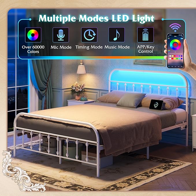 WLIVE Queen Bed Frame with Headboard, Bed Frame Queen Size with LED Lights and Charging Station, Metal Bed Frames with Storage, White