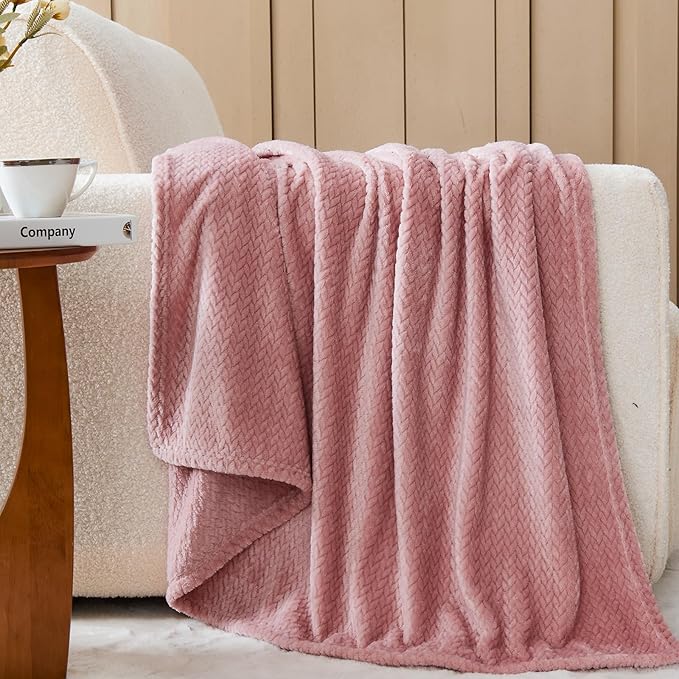 NEWCOSPLAY Super Soft Twin Blanket Dusty Pink Premium Silky Flannel Fleece Leaves Pattern Lightweight Bed Blanket All Season Use (Dusty Pink, Twin(60"x80"))